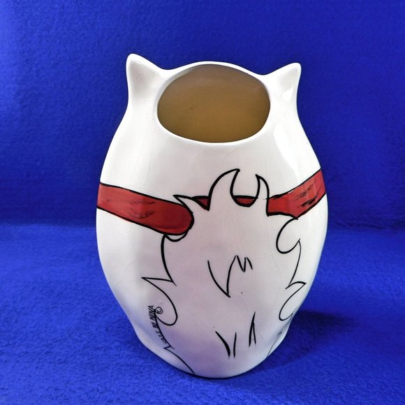 2001 Cats By Nina Lyman 7" Ceramic Vase Fluffy White Cat Blue Eyes Red Bow 6.75" - Picture 4 of 6